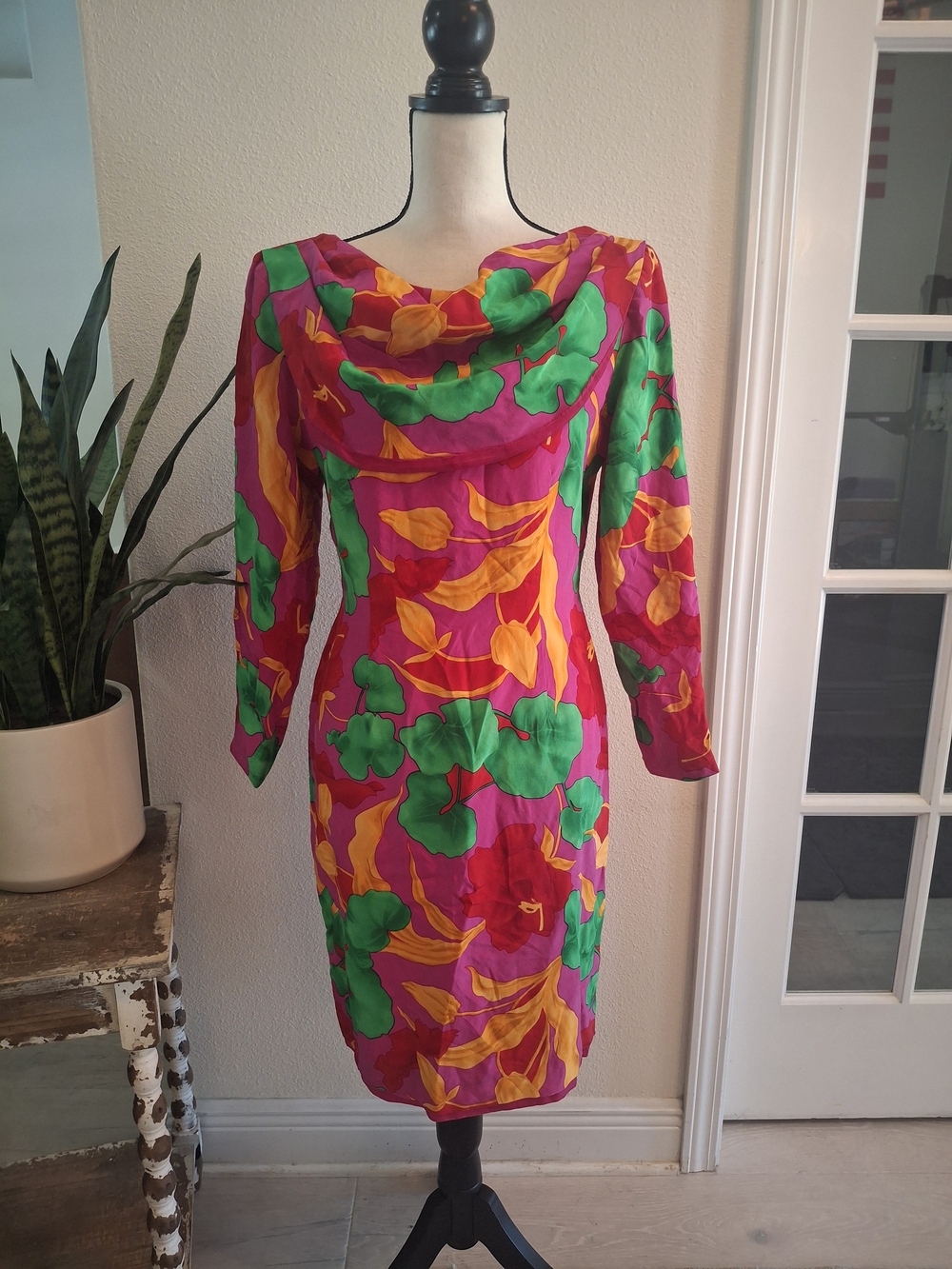 Vintage Silk Bright Pink Floral Cowl-Neck Mini Dress Arnold Scaasi